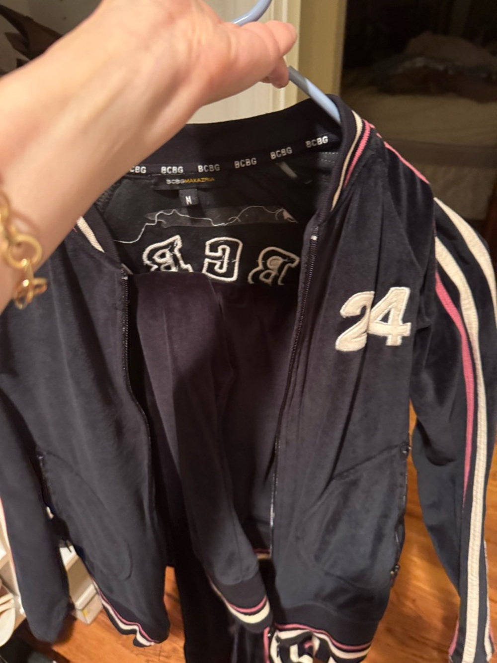 BCBG Navy Track Jacket with Pink & White Stripes
